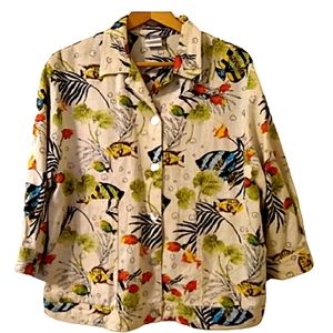 Vintage Stonebridge Fish Aquarium Print Linen Blend Top Jacket, Size Lar…